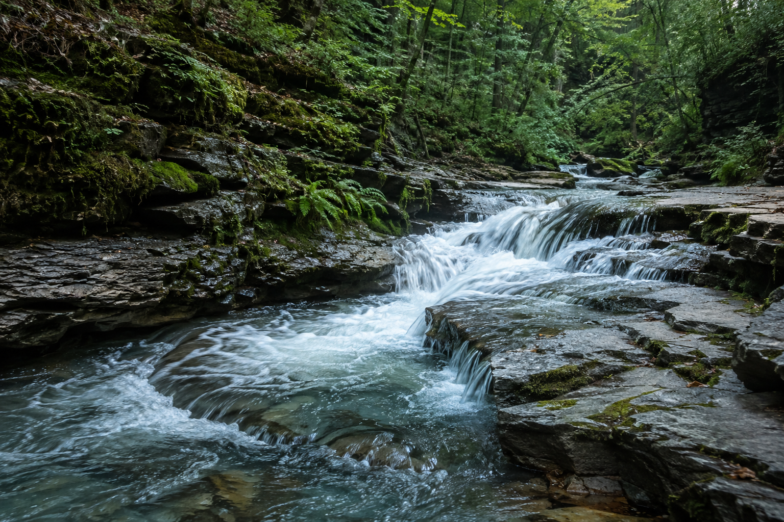 A stream moving through a forest