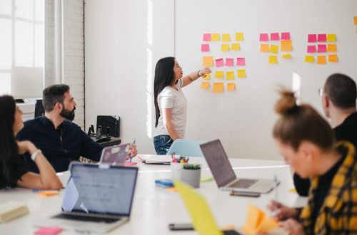 Team meeting together with post it notes